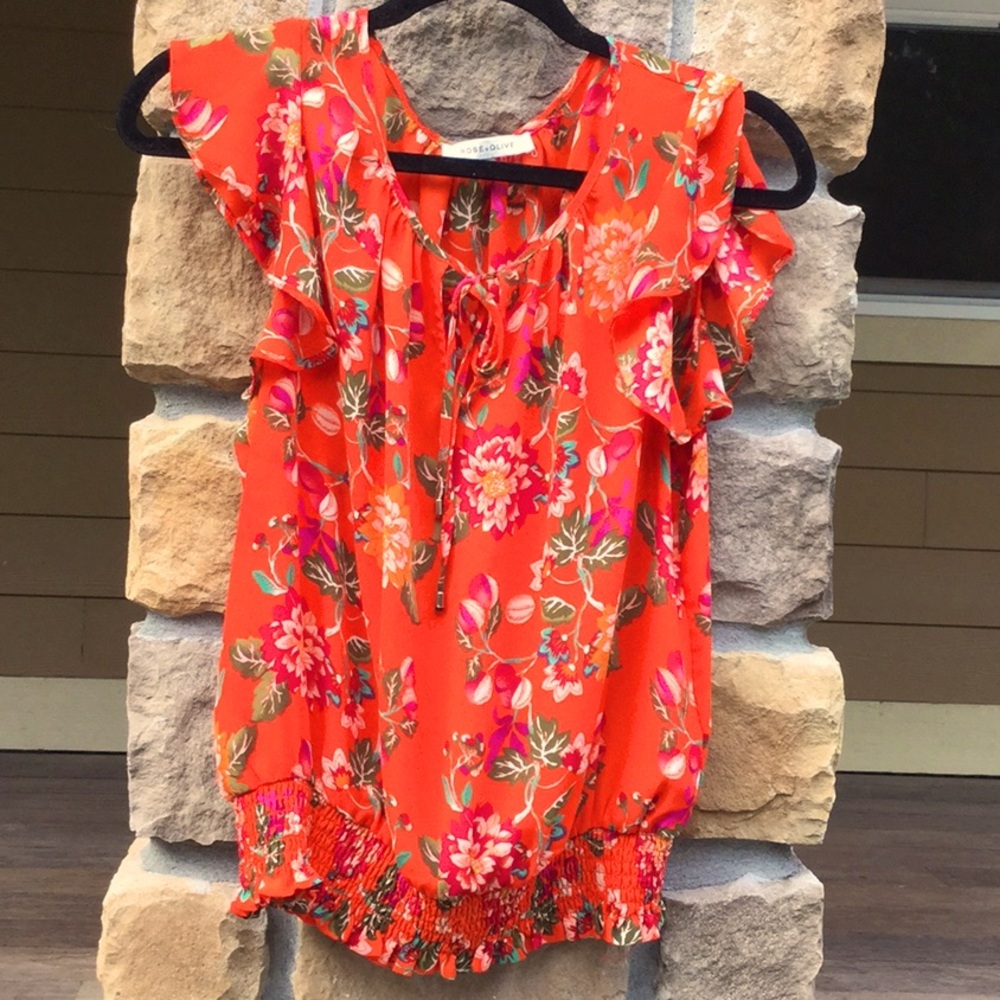 Botanical bright ruffle shoulder sleeve travel tropical blouse T🌷